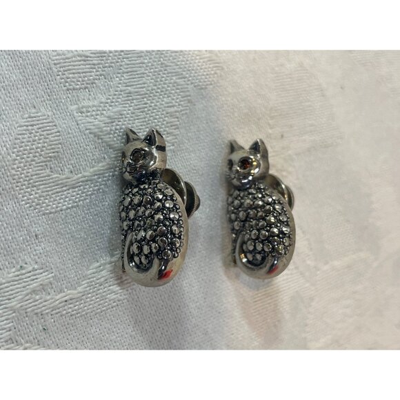 Set of 2  Sparkling Amber Kitty Cat Eyes Marcasite Pins  1” x .5” - Picture 3 of 4